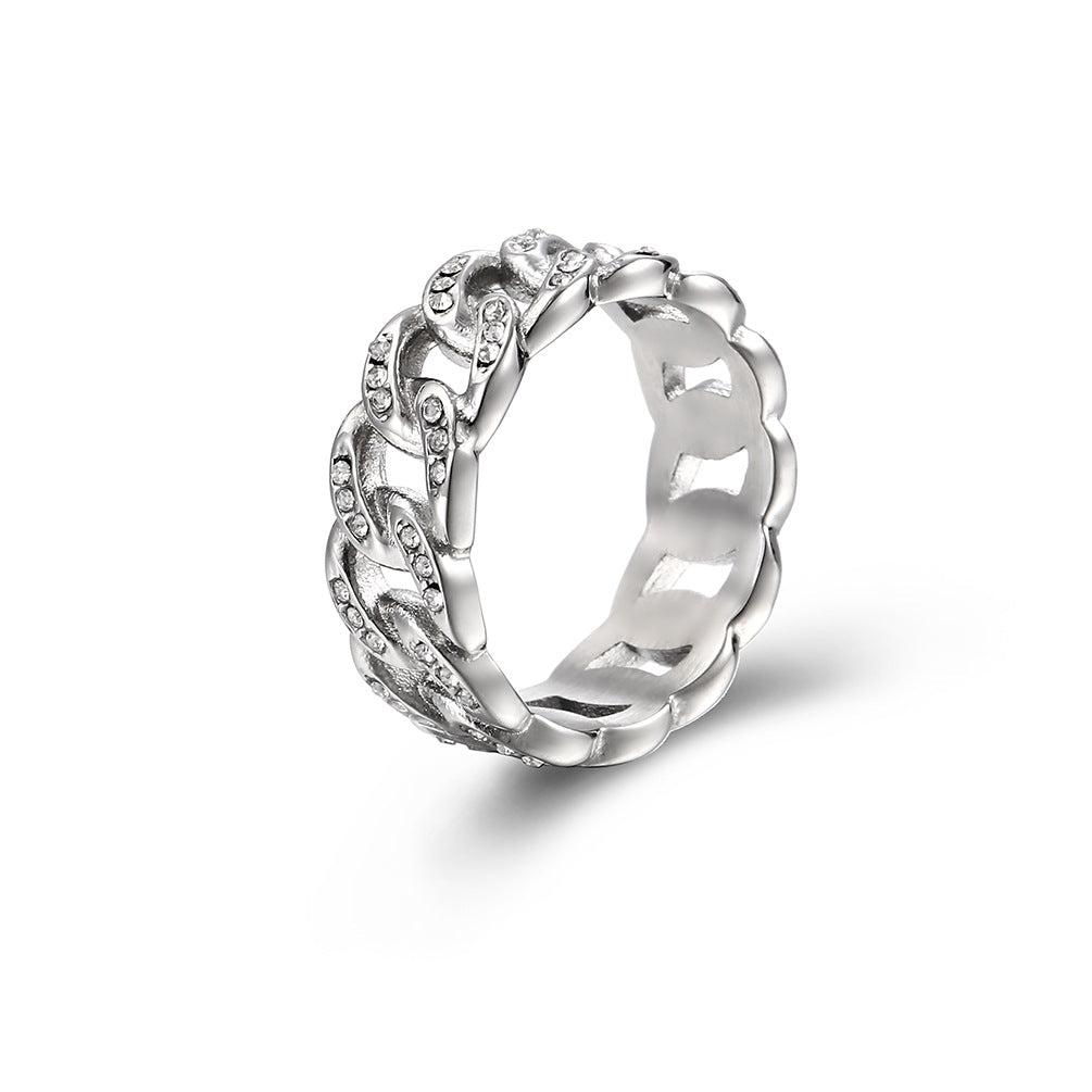 Titanium Steel Cuban-link Ring With Rhinestones
