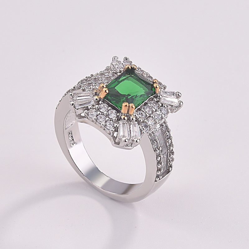 Square Princess Ring With Simulated Emerald Zircon, Micro Pave Full Stone Engagement Band