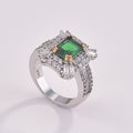 Square Princess Ring With Simulated Emerald Zircon, Micro Pave Full Stone Engagement Band