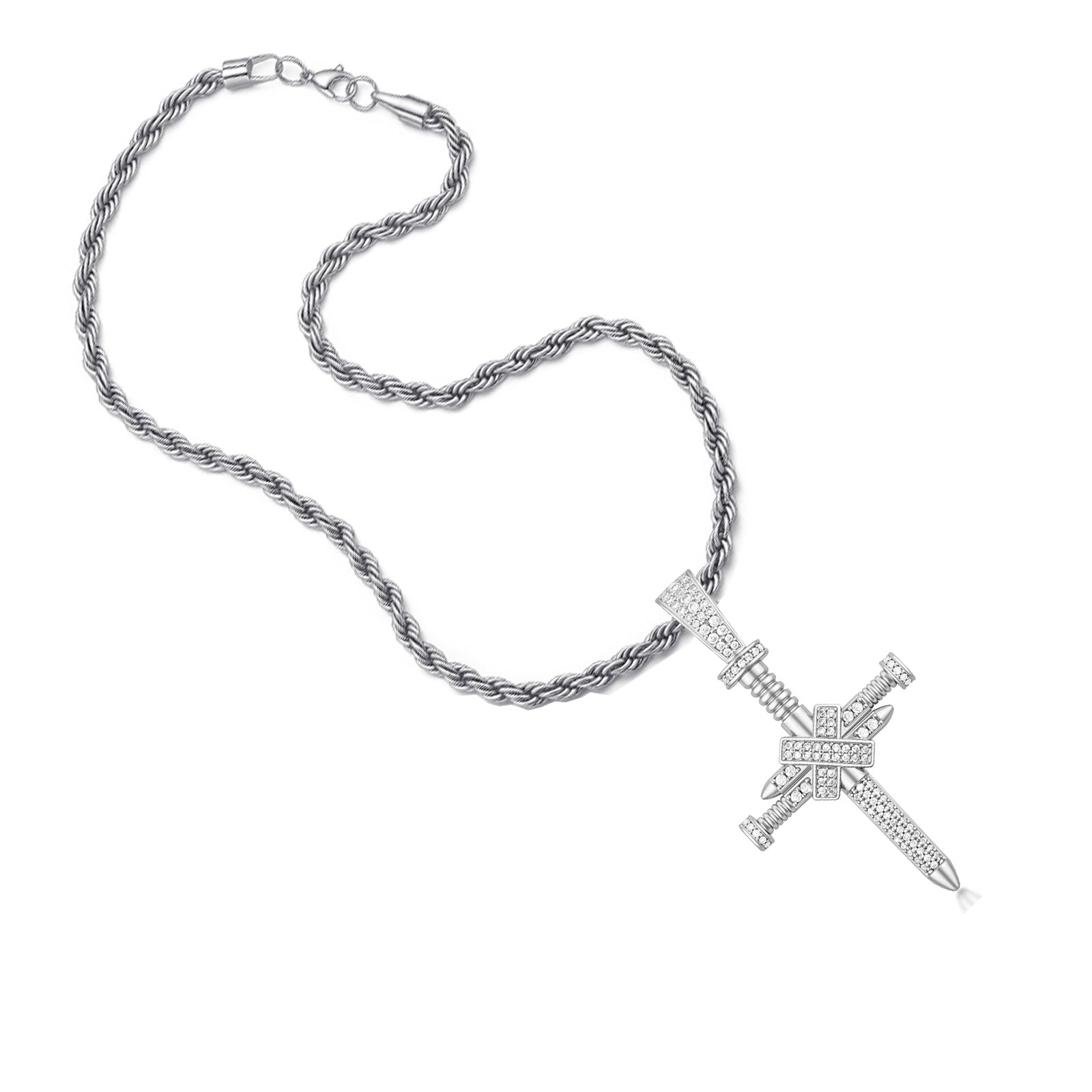 Full-Zircon Nail Cross Pendant Hip-Hop Vintage Punk Cross Necklace