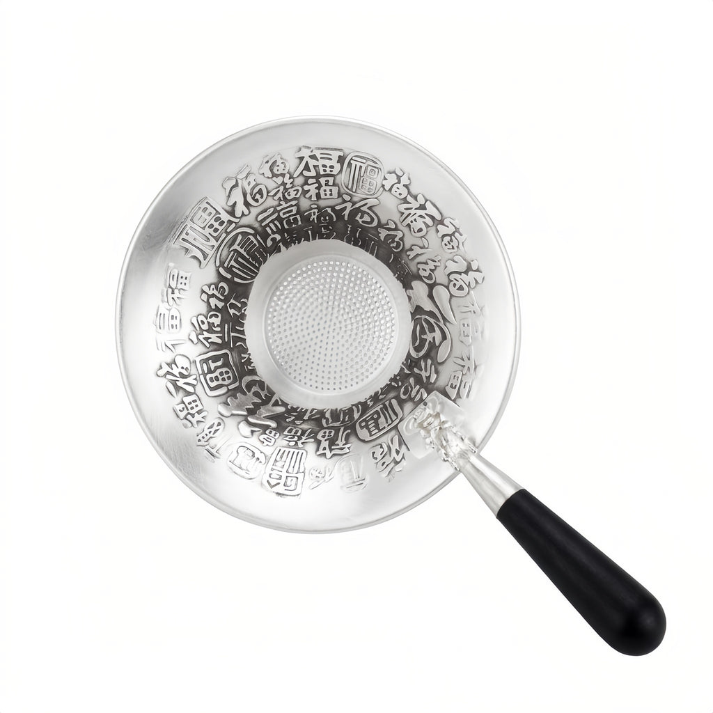 Pure 999 Fine Silver Ornate Silver Tea Infuser Featuring Traditional Chinese Fu Characters and Tapered Black Handle - Handicraft