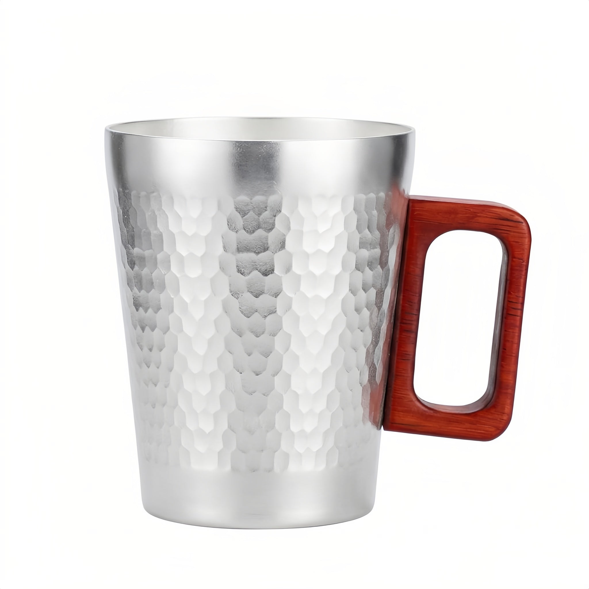 Pure 999 Fine Silver Modern Hammered Metal Coffee Mug with Rectangular Wooden Handle - Handicraft