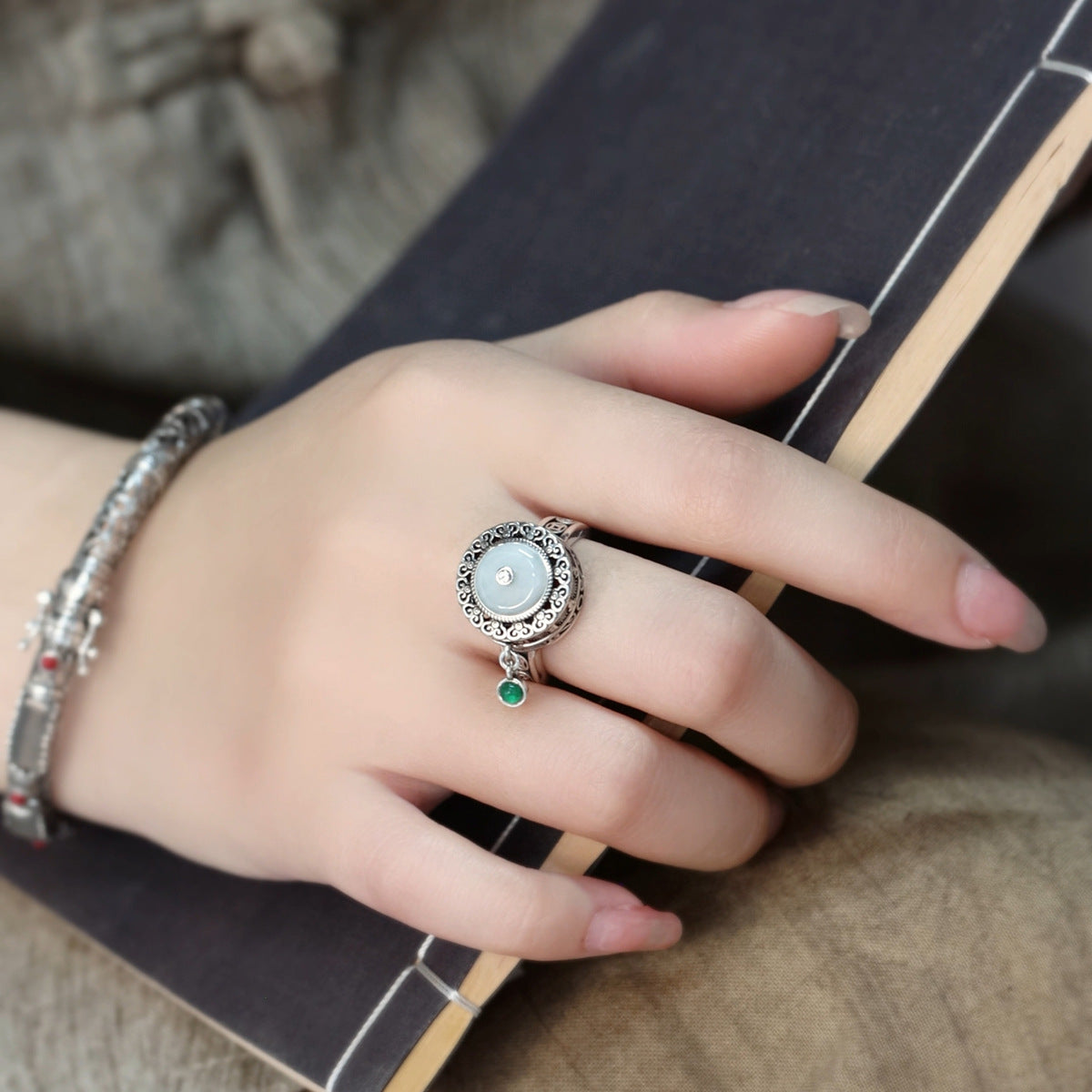 Womens Rotatable Vintage Copper Coin Peace Charm Ring