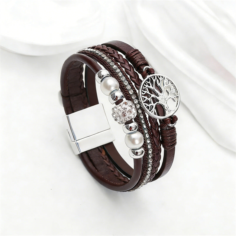 Drilled-bead Multi-layer PU Leather Braided Magnetic-clasp Bracelet
