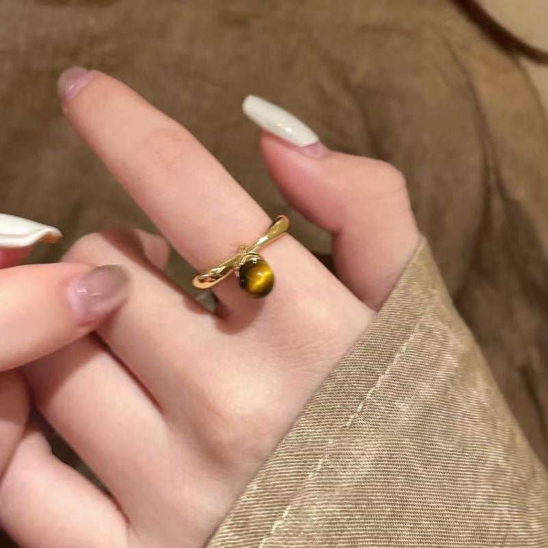 Vintage Tigerauge Offener Ring, Zierlicher vergoldeter Statement-Ring, Boho Stapelbarer Fingerring für Damen