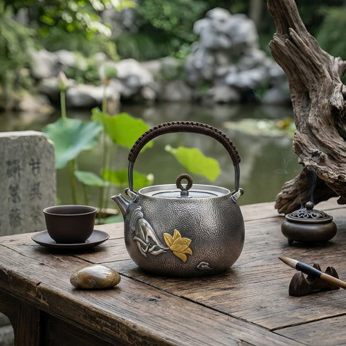 Pure 999 Fine Silver Artisanal Hammered Silver-Finish Teapot with Hand-Carved Gilded Lotus and Woven Rattan Handle - Handicraft