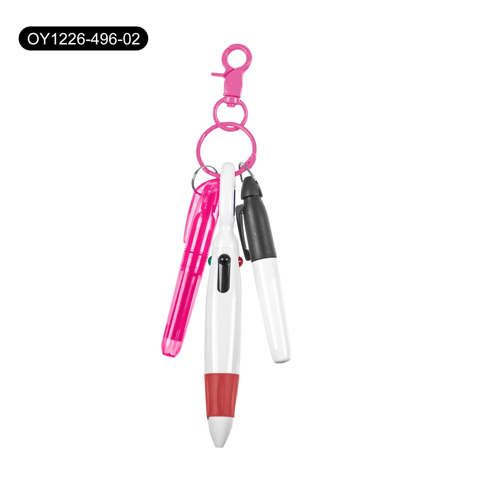Kugelschreiber-Set – mit Schlüsselanhänger – Vierfarbstift + schwarzer Marker + Textmarker in Rosé – 1 Set