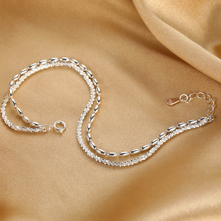 S925 Sterling Silver Starry Bead Double Layer Bracelet For Women, Shimmering Rice Bead Design, INS Style Luxury Senior Sense Jewelry