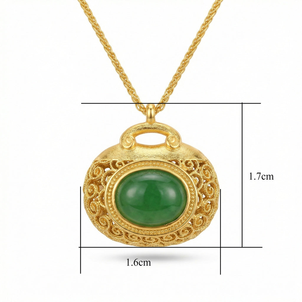925 Sterling Silver Elegant Filigree Green Jadeite Pendant Necklace with Intricate Textured Metallic Detail