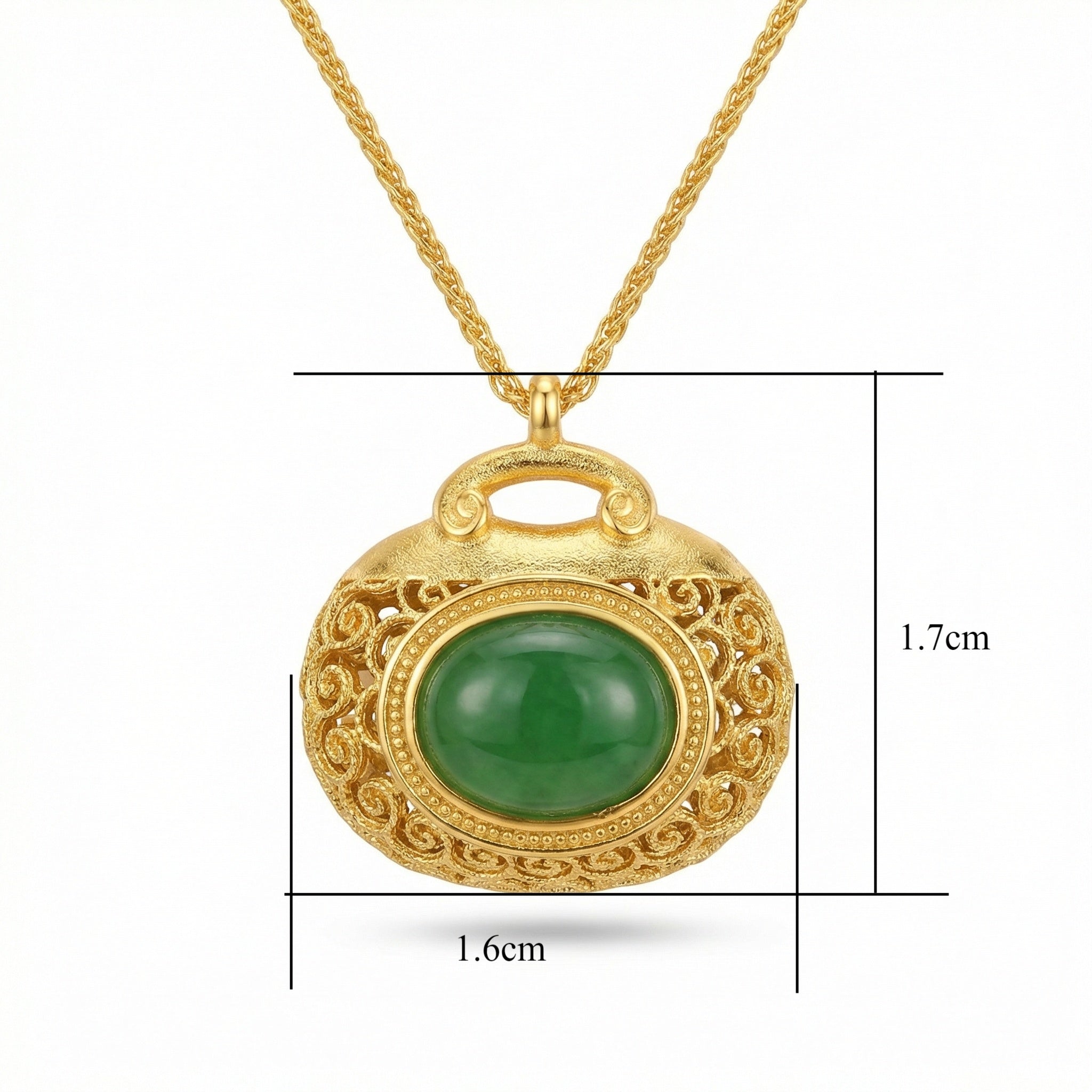 925 Sterling Silver Elegant Filigree Green Jadeite Pendant Necklace with Intricate Textured Metallic Detail