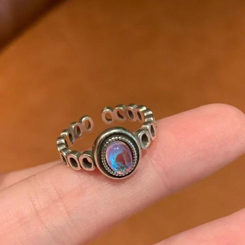 Vintage Silber Opal Offener Ring für Damen, Nischen-Design, minimalistischer High-End Zeigefingerring