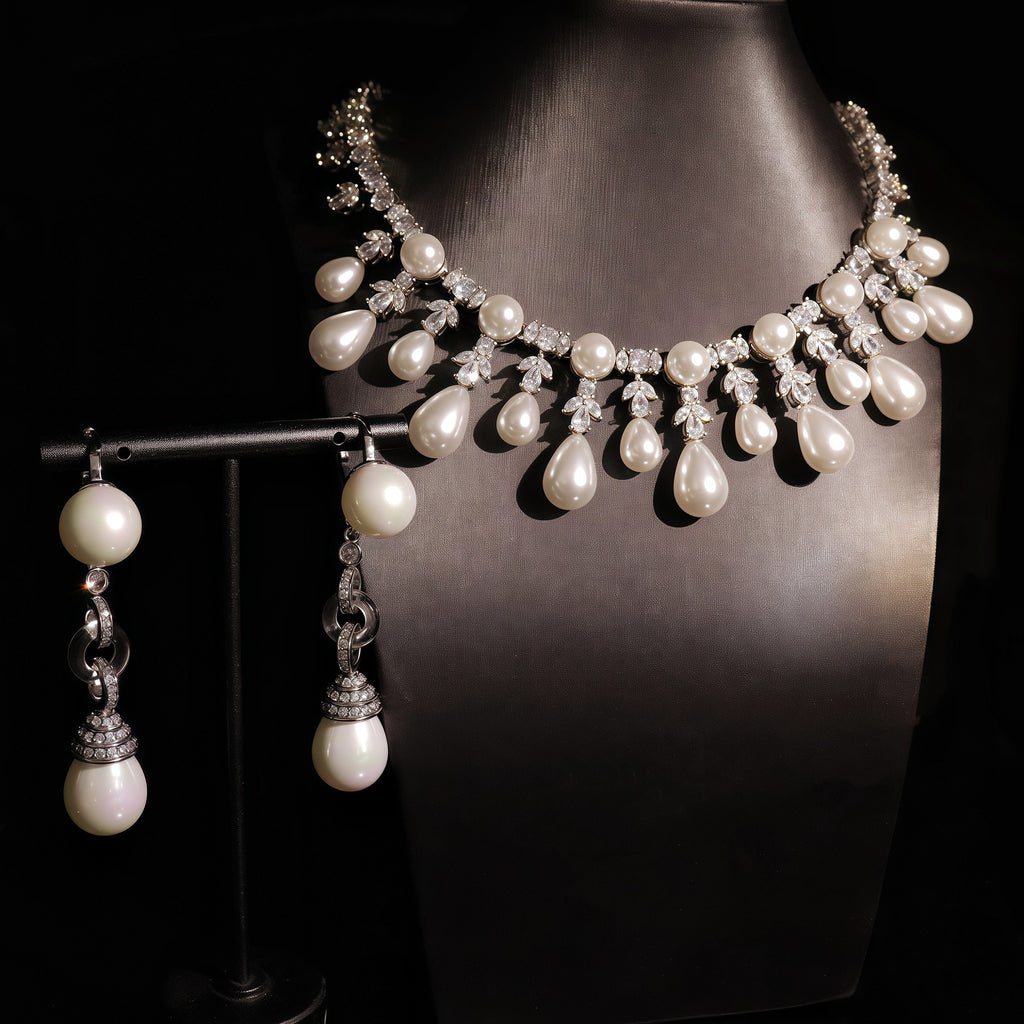 Chic Clavicle-Length Necklace And Gold-Plated Zircon Pearl Earrings Jewelry Set