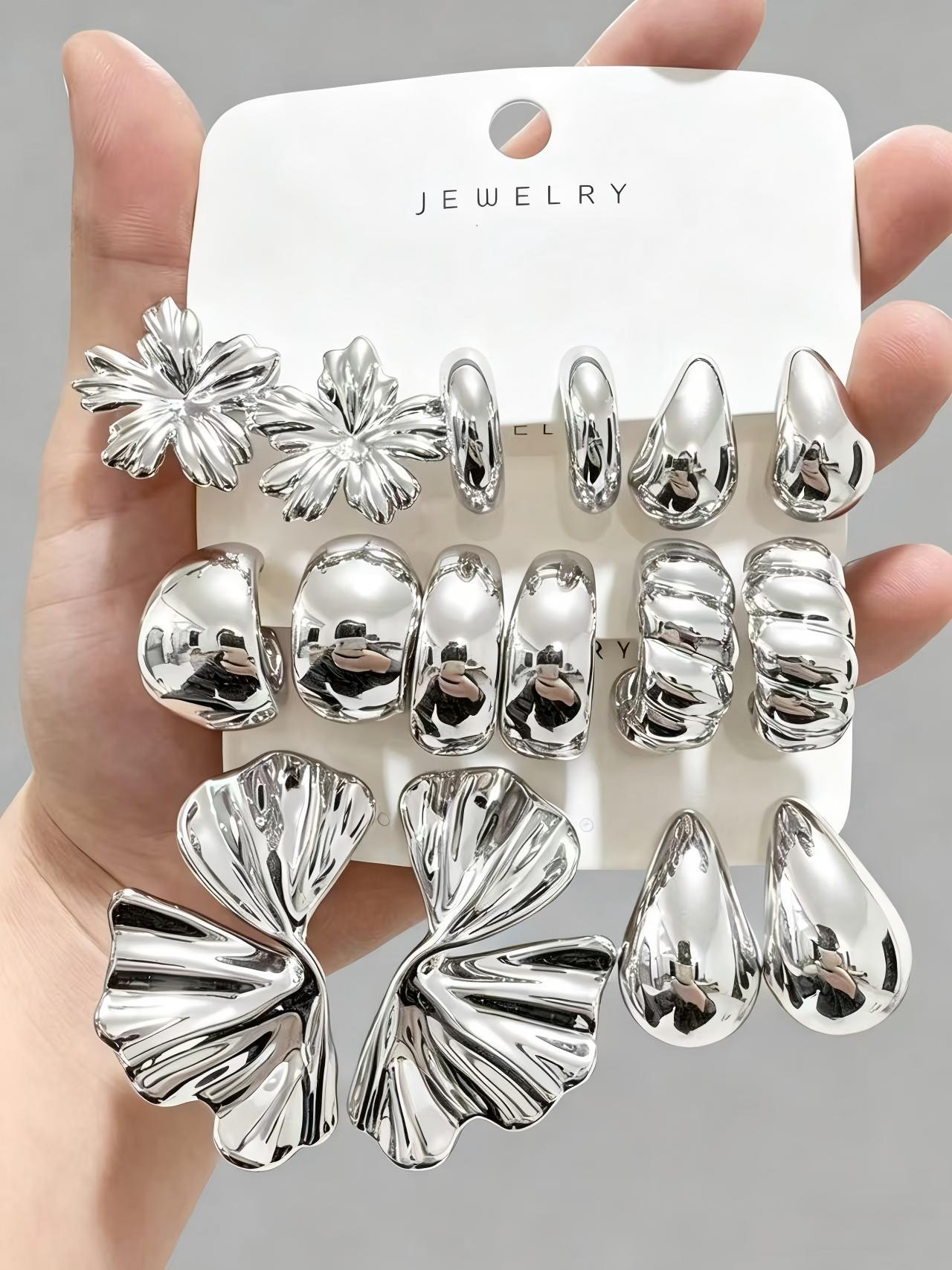 INS Style Luxury Geometric Hoop & Stud Earrings For Women, Vacation Statement Earrings Set, 8 Pairs Pack Trendy Boho Beach Jewelry Gift