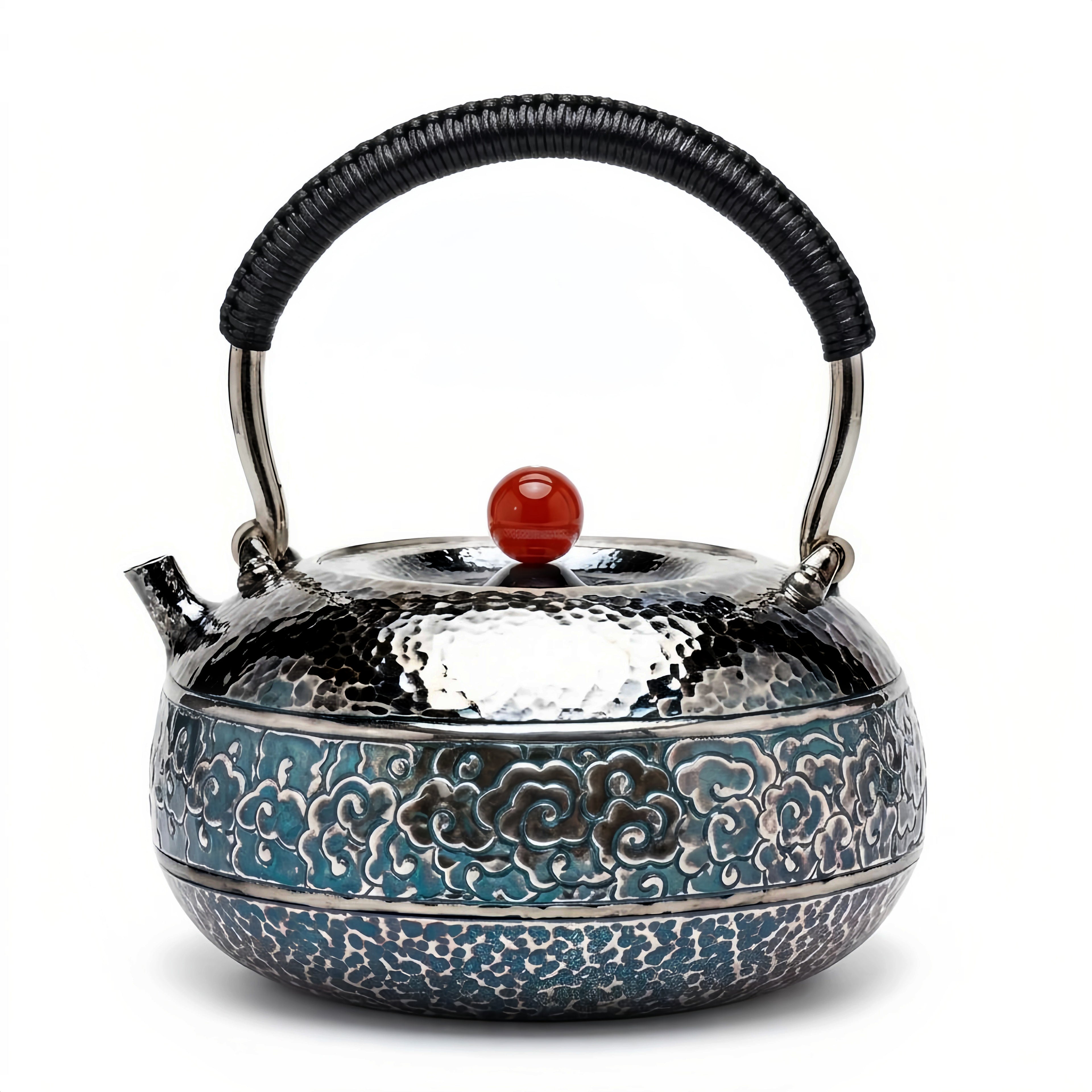 925 Sterling Silver Handcrafted Hammered  Teapot with Blue Cloud Motif-Fine large teapot - Handicraft