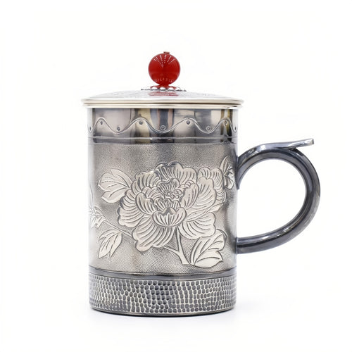 Pure 999 Fine Silver Elegant Silver Peony Engraved Mug with Red Bead Lid and Hammered Base - Handicraft