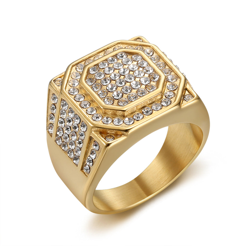 Titanium Steel Gold-Plated Full-Crystal Mens Ring
