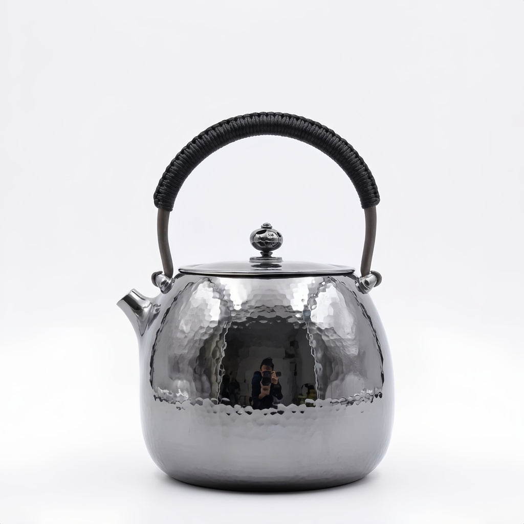 Pure 999 Fine Silver Elegant Hand-Hammered Polished Silver Teapot with Traditional Woven Handle - Handicraft