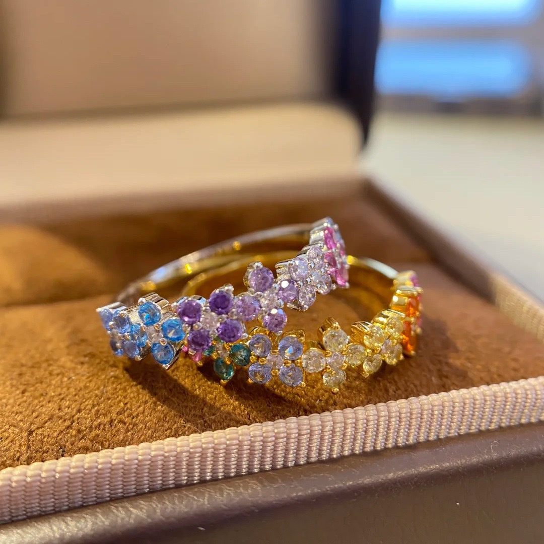 Vintage Dopamin-Ring Trendiger, leichter, luxuriöser, farbenfroher diamantbesetzter floraler Monet-Garten-Ring