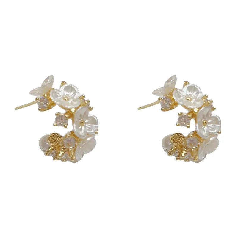 Fresh And Chic C Shaped Earrings With Diamond Encrusted Flowers For Women