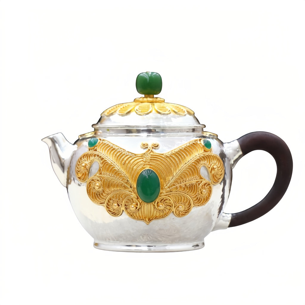Reines 999er Feinsilber Exquisite Filigrane Silberkanne mit leuchtend grünen Edelsteinakzenten - Handarbeit