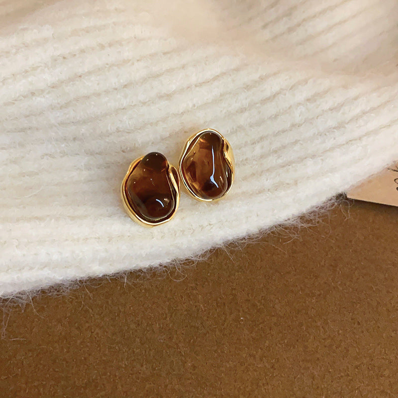 Maillard-Stil Vintage Runde Ohrringe für Frauen, Unregelmäßige Silber Textur Braune Harz Ohrstecker, Retro Luxus Geometrischer Ohrschmuck für den täglichen Weg zur Arbeit und Party