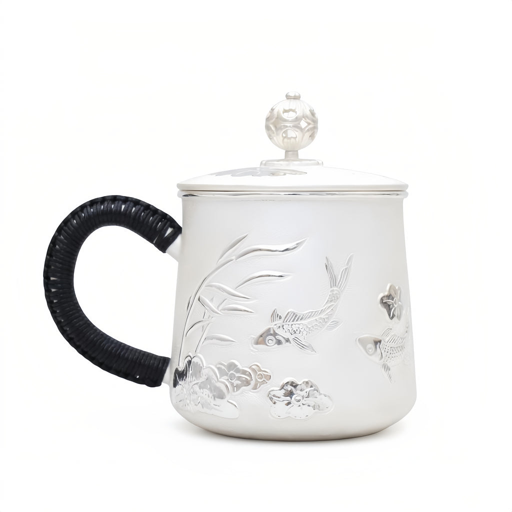Pure 999 Fine Silver Elegant Ceramic Tea Cup with  Fish and Floral Design-Premium Tea Mug - Handicraft
