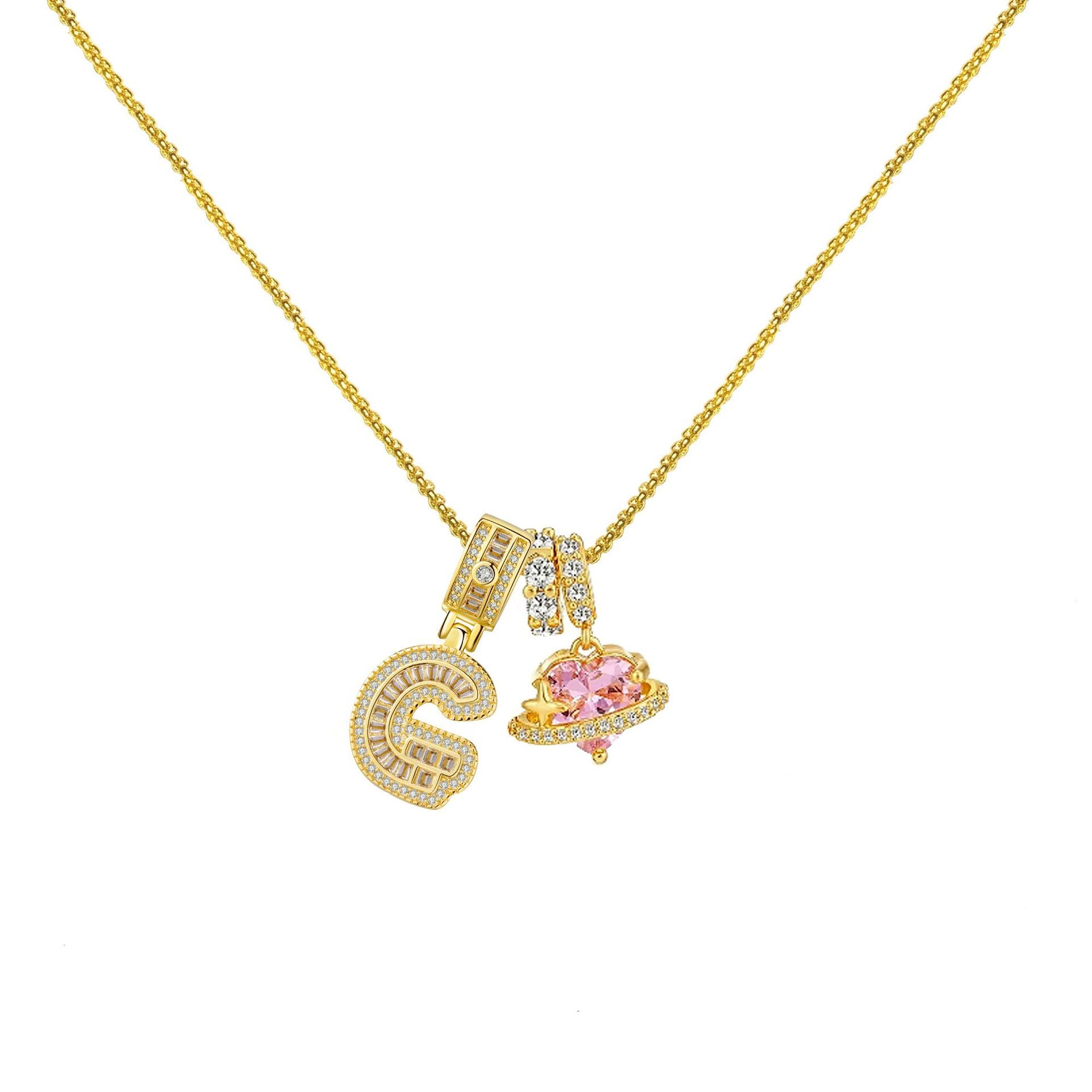 Gold-Plated Copper Planet Heart Pendant Necklace With Diamonds