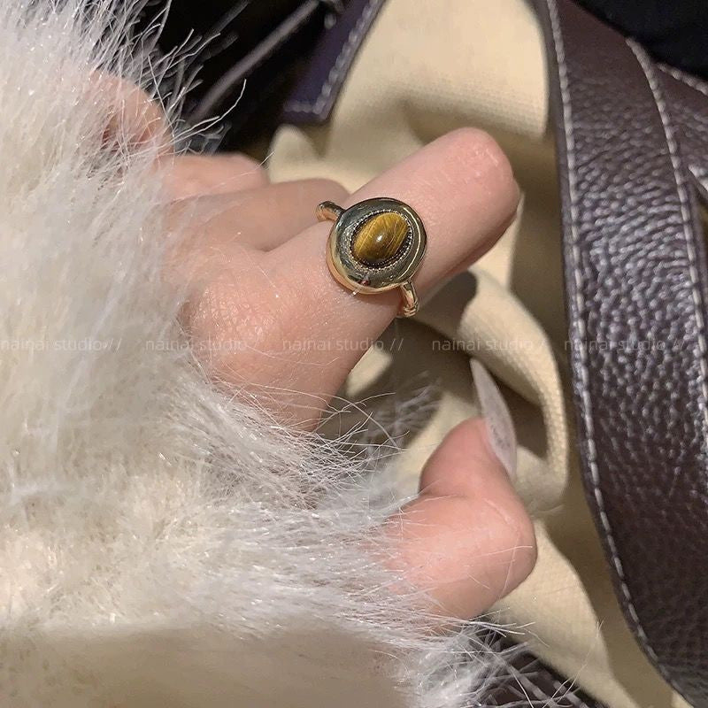 Vintage Tigerauge Offener Ring für Damen, Maillard Retro Nischen Design High-End Zeigefingerring