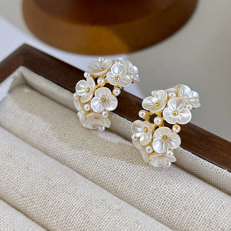 Fresh And Chic C Shaped Earrings With Diamond Encrusted Flowers For Women