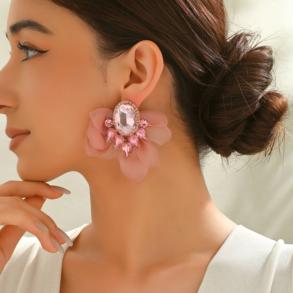 Handmade Coloful Glass Chiffon Flower Stud Earrings For Women Bold Fashion Jewelry Party Prom Vacation