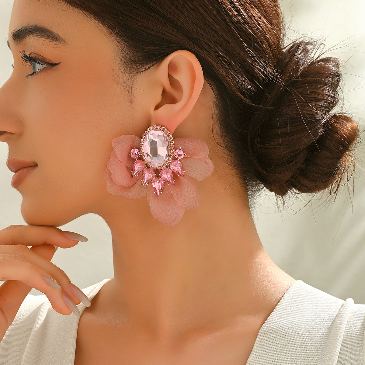 Handmade Coloful Glass Chiffon Flower Stud Earrings For Women Bold Fashion Jewelry Party Prom Vacation