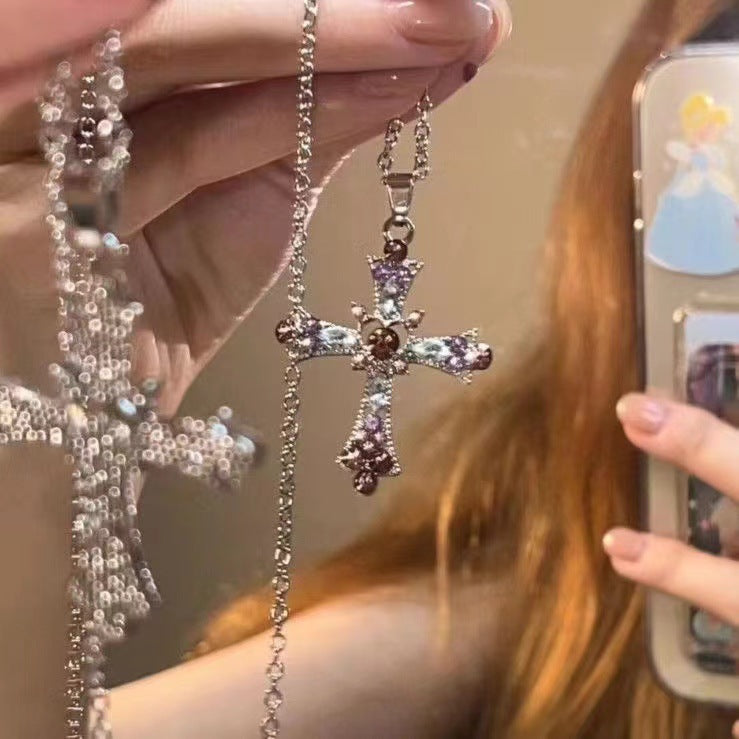 Gothic Cross Pendant Necklace For Women, Y2K Heavy Duty Bling Rhinestone Clavicle Chain, Vintage Punk Hip Hop Trendy Streetwear Jewelry