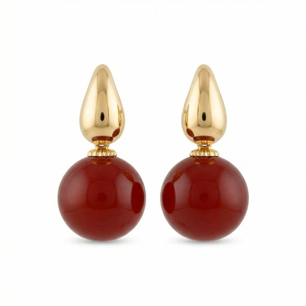 925 Sterling Silver Elegant Red Carnelian Sphere and Polished Metallic Teardrop Drop Earrings