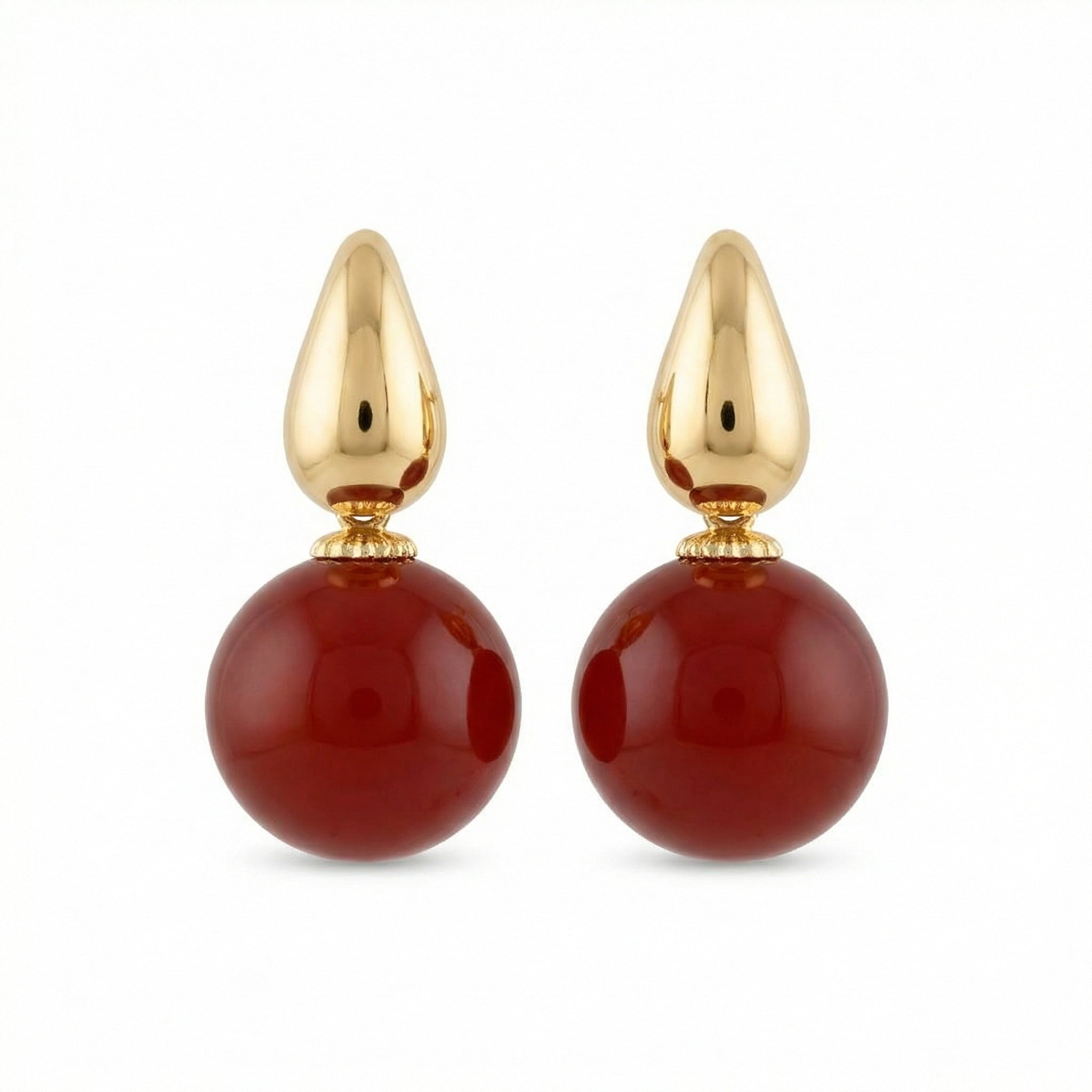 925 Sterling Silver Elegant Red Carnelian Sphere and Polished Metallic Teardrop Drop Earrings