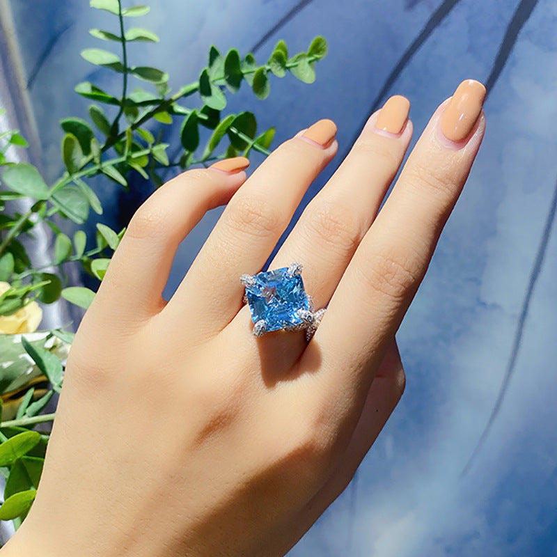Square Cut Blue Gem Pave Ring, Sparkling Engagement Ring For Her