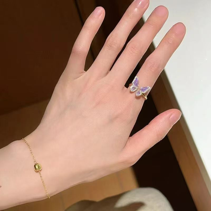Verträumter lila Schmetterlings-Offenring, Funkelnder Zirkon-zarter Bandring, Süßer Feen-Stil verstellbarer Ring für Damen