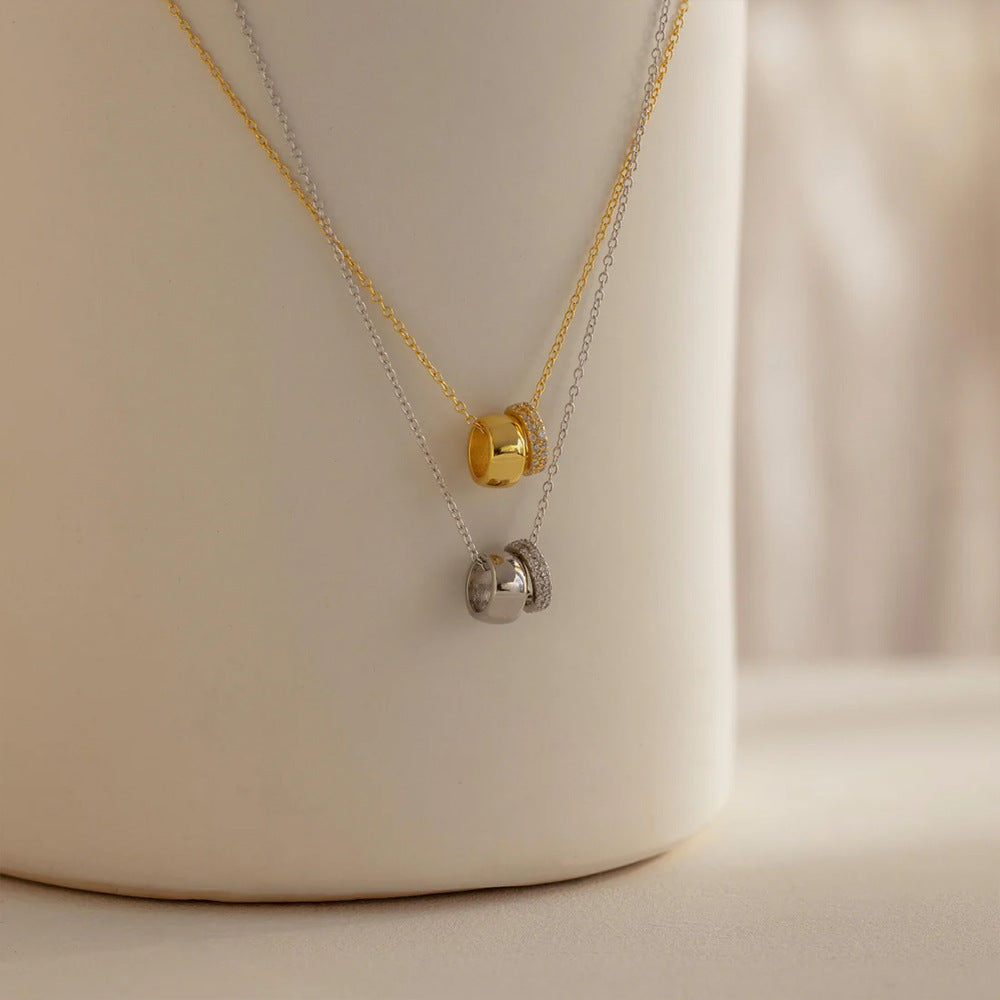 14k Wide-Frame Round Hoop Dual-Pendant Versatile Necklace