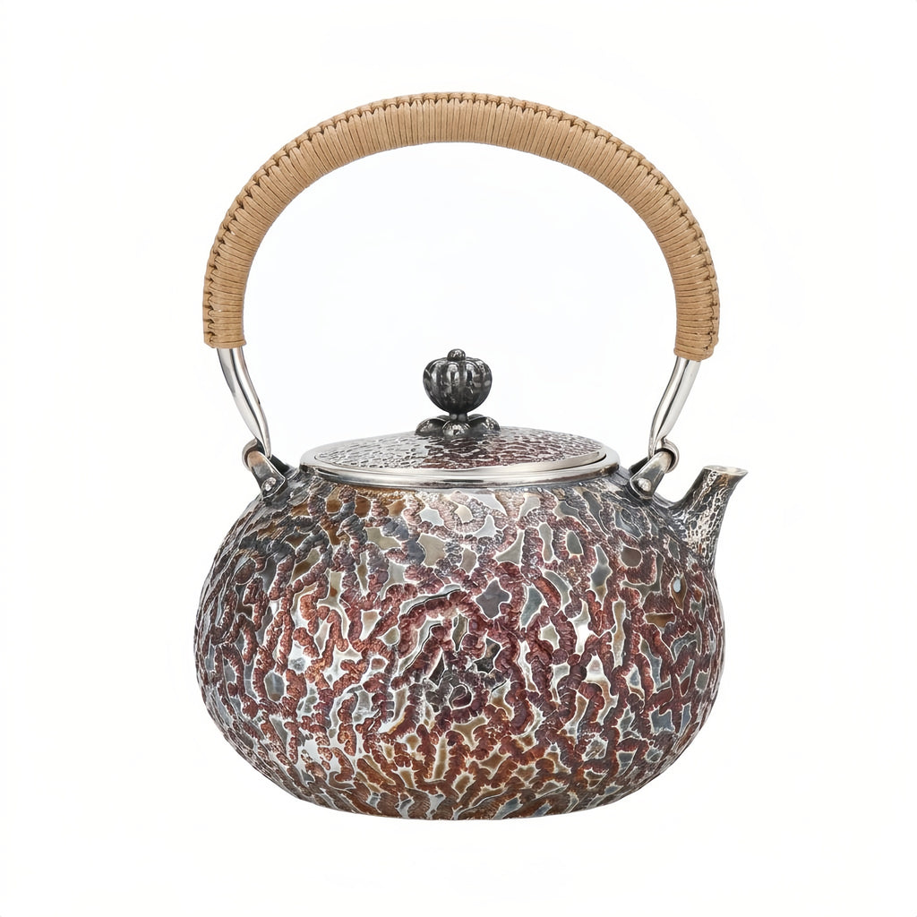 925 Sterling Silver Exquisite Handcrafted Silver-Toned Teapot with Ornate Patterning and Cord-Wrapped Handle - Handicraft
