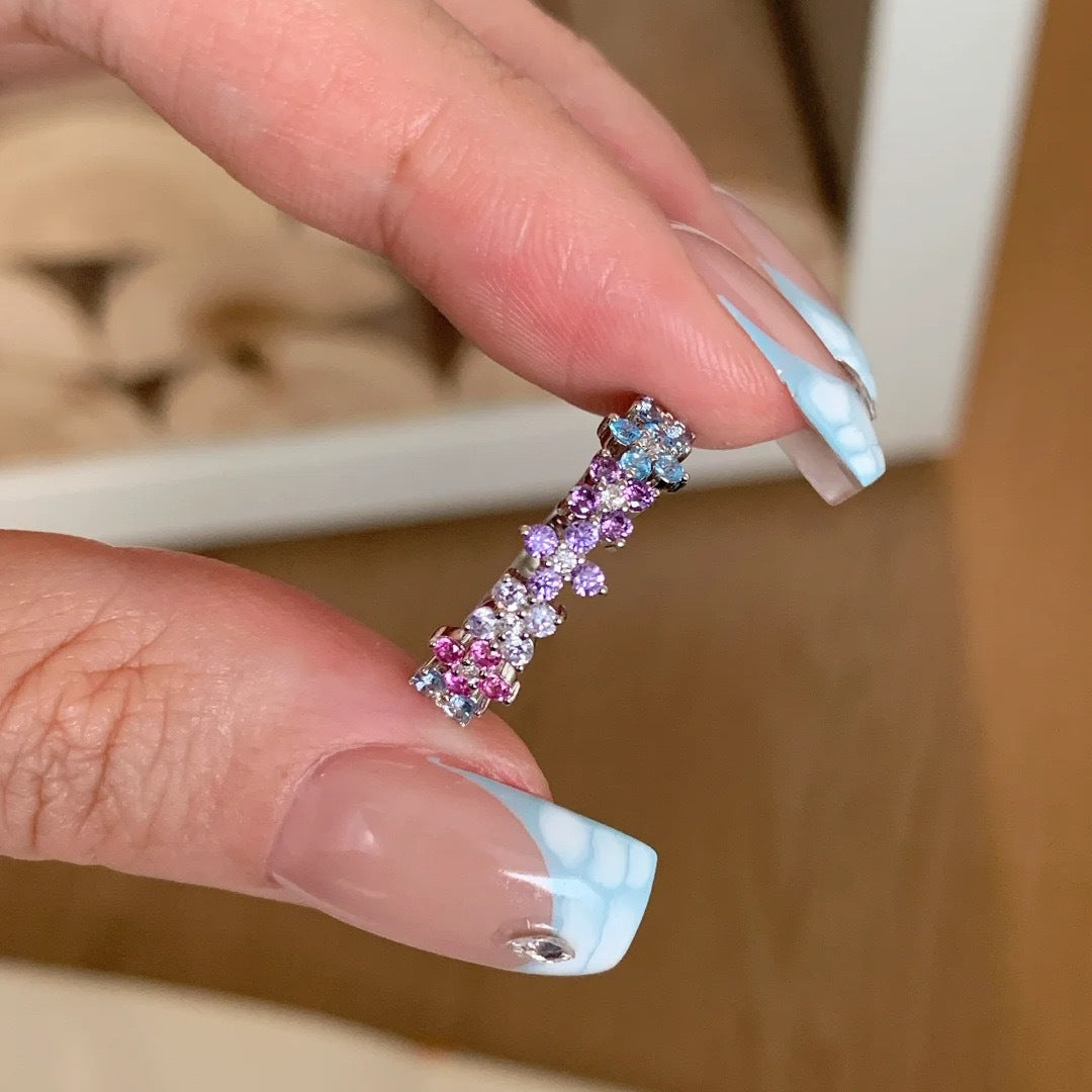 Vintage Dopamin-Ring Trendiger, leichter, luxuriöser, farbenfroher diamantbesetzter floraler Monet-Garten-Ring