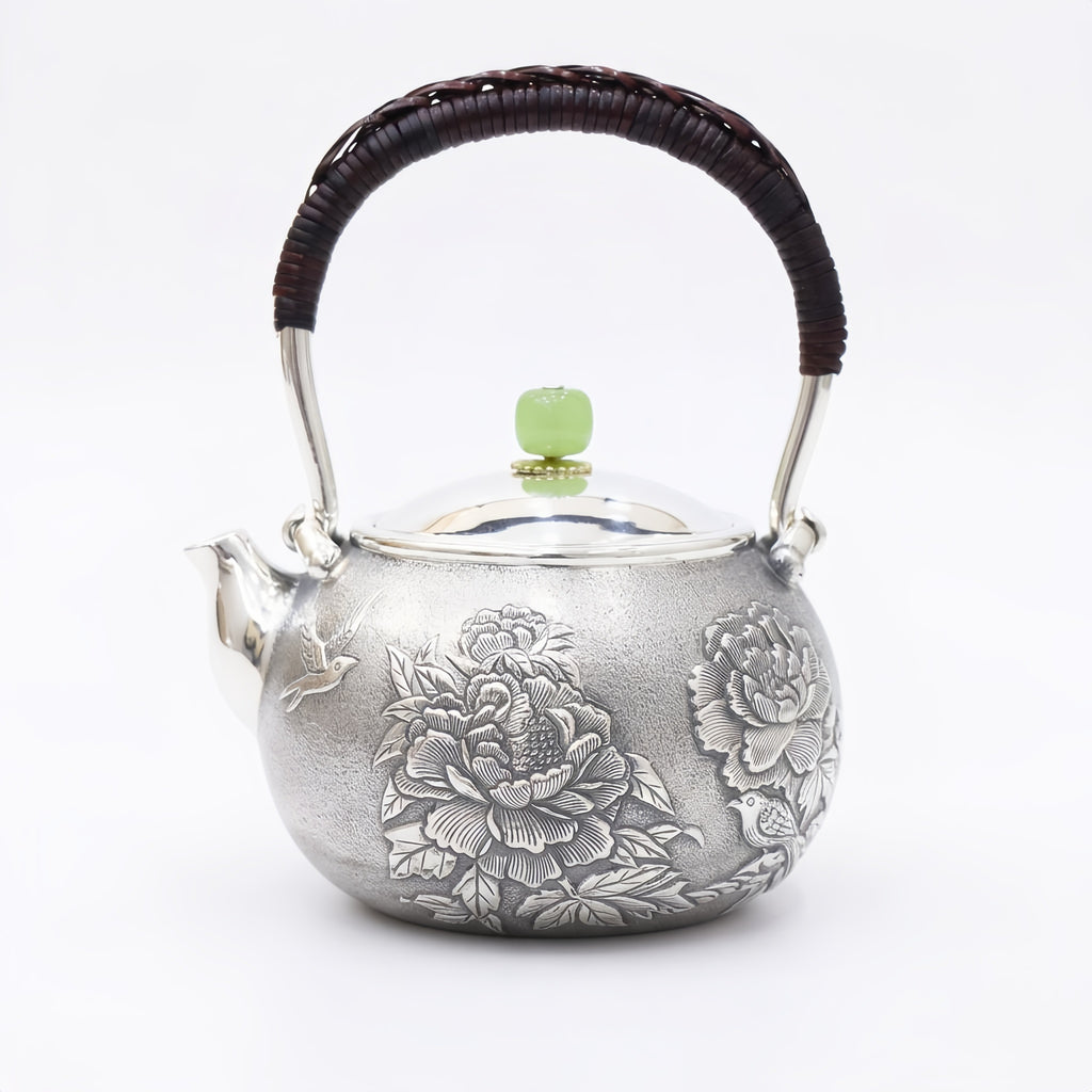 Pure 999 Fine Silver Handcrafted Silver Teapot Featuring Intricate Peony Engravings and Green Jadeite Lid Knob - Handicraft
