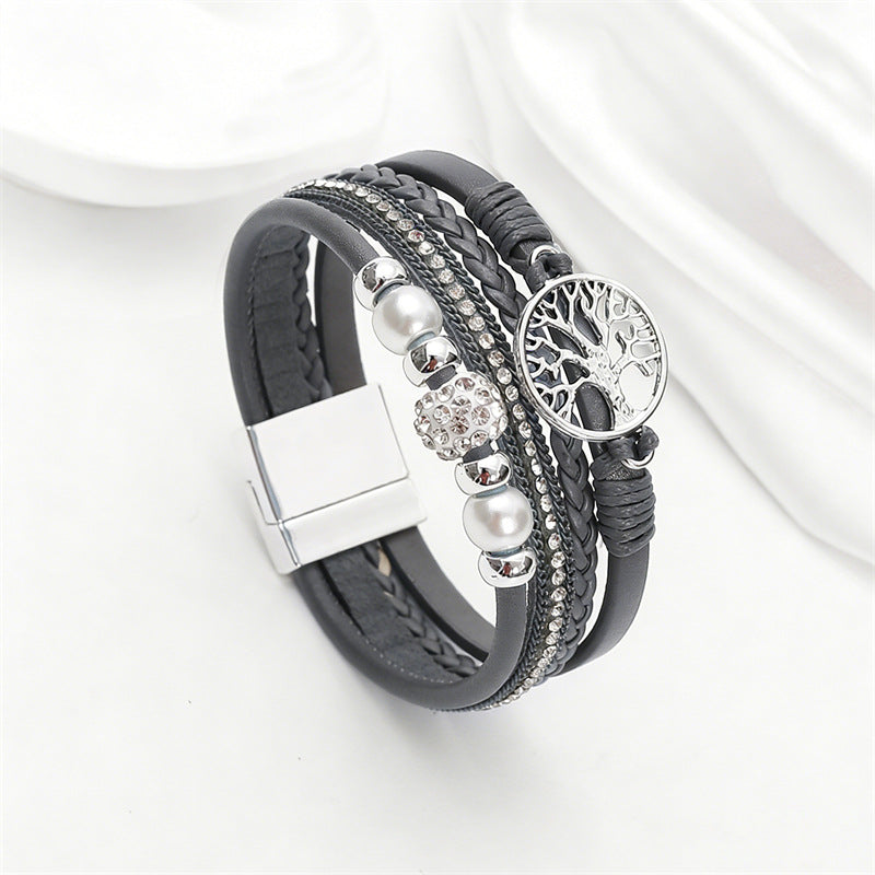 Drilled-bead Multi-layer PU Leather Braided Magnetic-clasp Bracelet