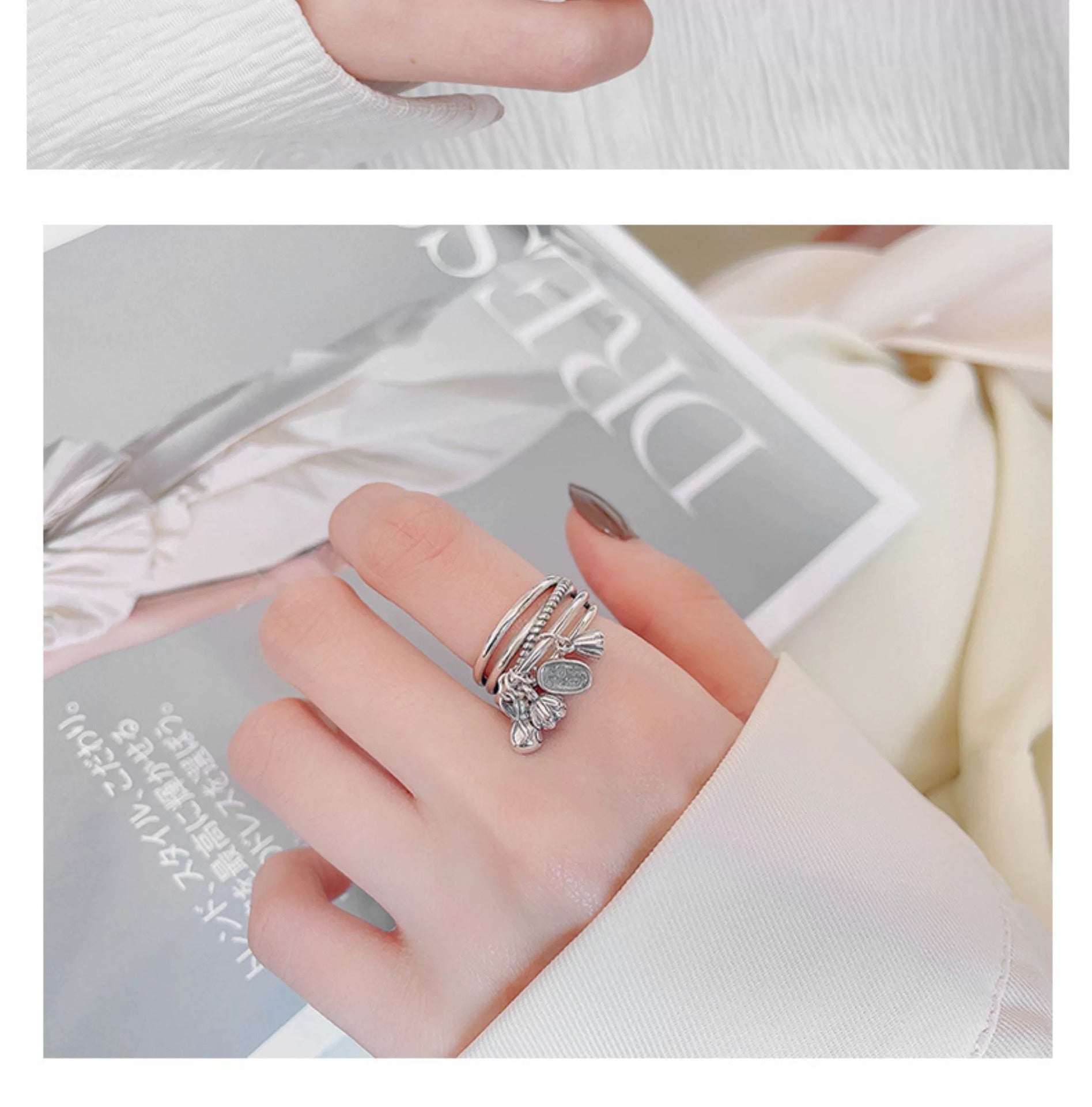 S925 Sterling Silver Ring, Money Bag Lotus Seedpod Fortune Pendant, 4 Charms, Adjustable Opening Index Finger Ring