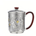 Pure 999 Fine Silver Handcrafted Silver Mug with Embossed Peony Motifs and Rosewood Accents - Handicraft