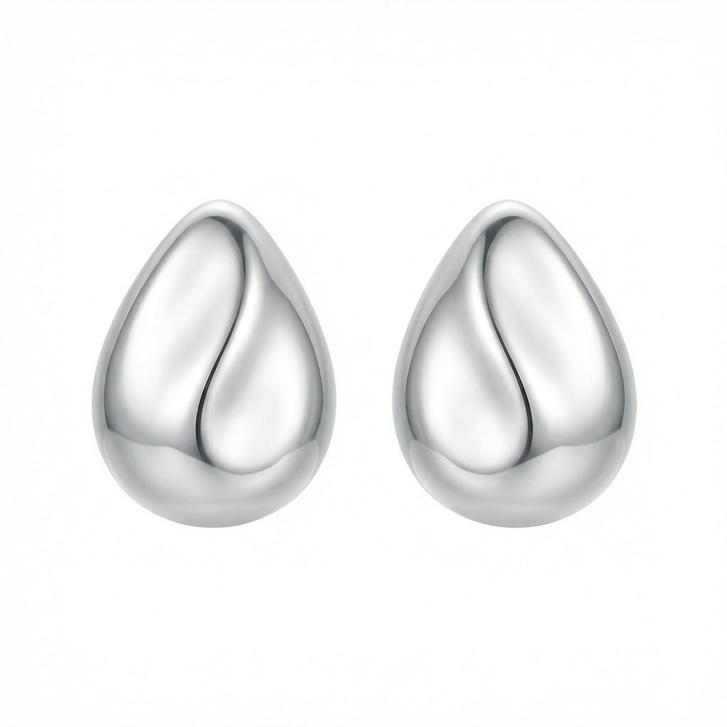 925 Sterling Silver Minimalist Polished Silver Teardrop Stud Earrings with Sculptural Wave Detail