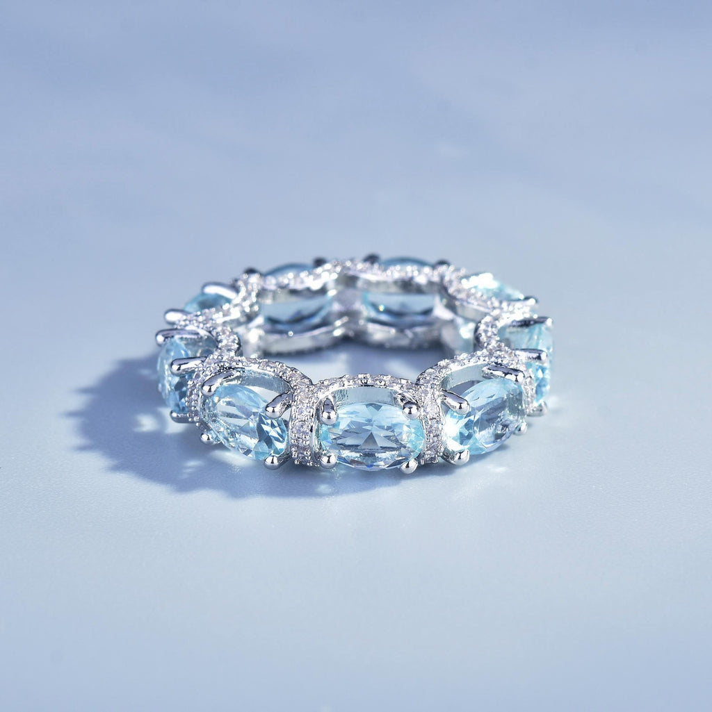 Luxury Oval Cut Aquamarine Eternity Band Ring, Micro Pave Blue Gemstone Stackable Ring For Women