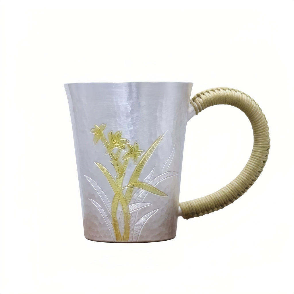 925 Sterling Silver Elegant Hammered Silver Mug with Orchid Engravings and Woven Handle - Handicraft