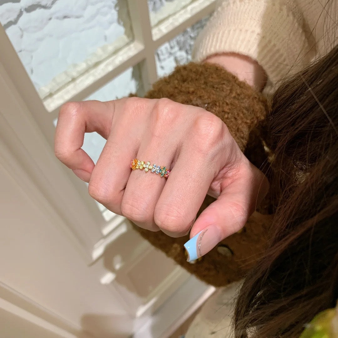 Vintage Dopamin-Ring Trendiger, leichter, luxuriöser, farbenfroher diamantbesetzter floraler Monet-Garten-Ring