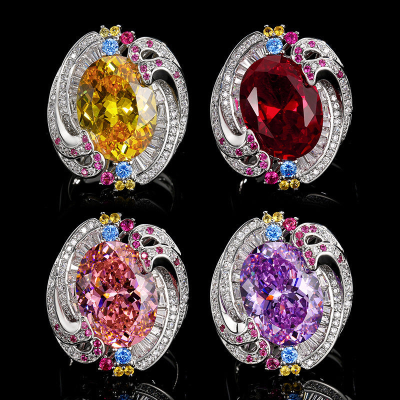 Exquisite Swirl Design Purple Amethyst Ring, Rainbow Gemstone Encrusted Cocktail Ring For Women