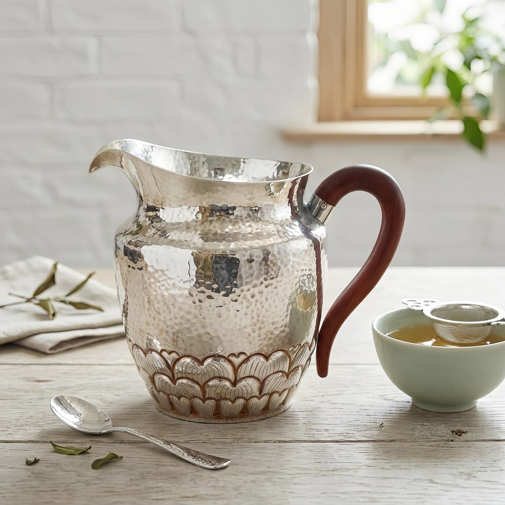925 Sterling Silver Hand-Hammered Silver Pitcher with Scalloped Base and Curved Wooden Handle - Handicraft