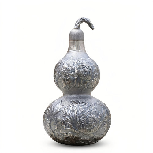 Pure 999 Fine Silver Ornate Silver-Toned Double Gourd Vessel with Intricate Floral Engravings - Handicraft